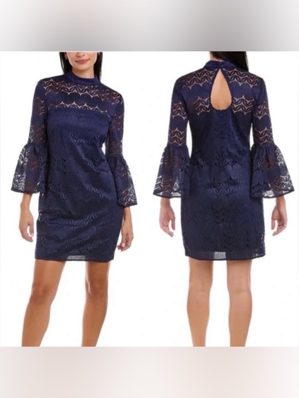 Trina Turk Lace Overlay Navy Blue Mini Dress Bell 3/4 Sleeve